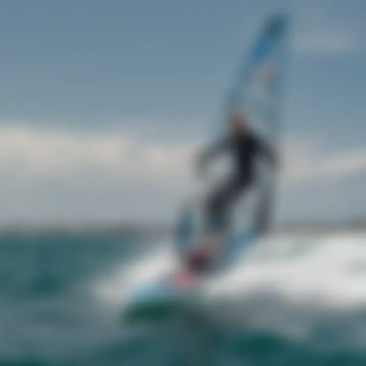 Hydrofoil windsurf board in action on the water