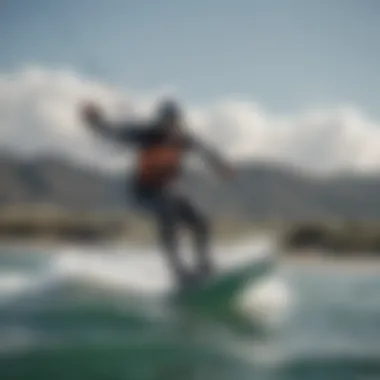 An action shot illustrating the performance of the Litewave kiteboard on water.