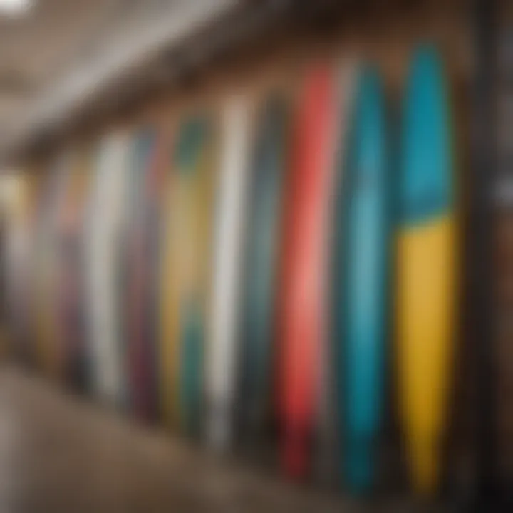 A vibrant collection of used foil surfboards displayed on a rack, showcasing various designs and colors.