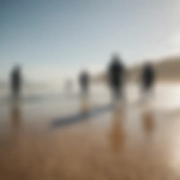 Group of kiteboarding enthusiasts discussing gear in a scenic beach setting