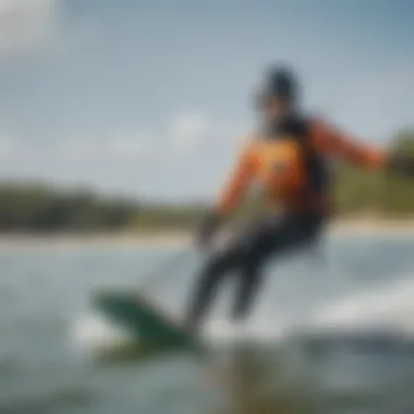 Kiteboarder navigating through vibrant water while wearing a Mystic wet suit