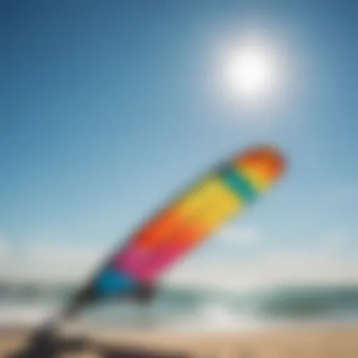 A vibrant kite soaring against the backdrop of a clear blue sky, symbolizing freedom and adventure.