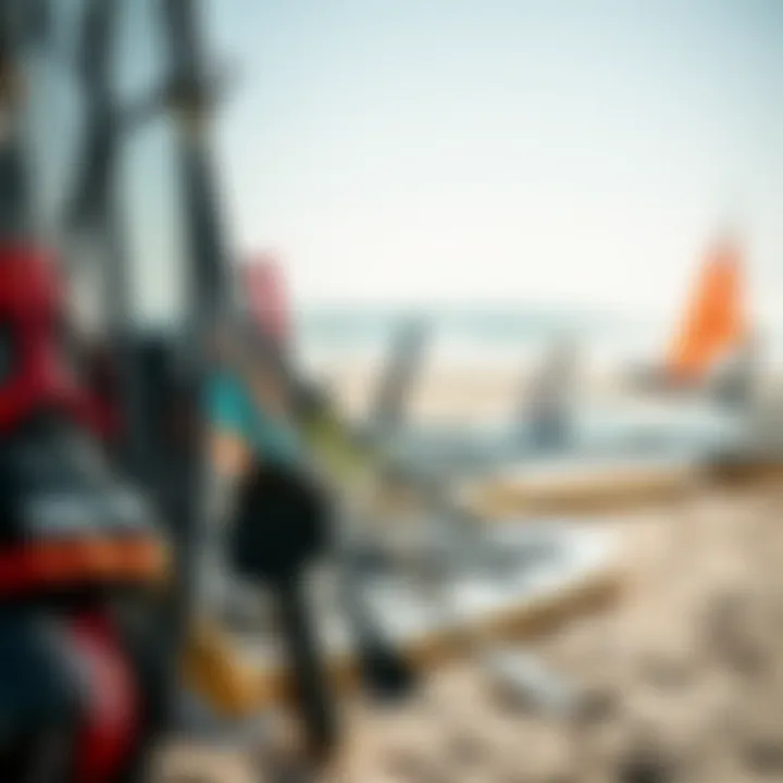 An array of essential wind SUP equipment displayed on a sandy beach.