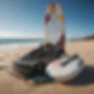 Safety gear and equipment for kiteboarding displayed on the beach