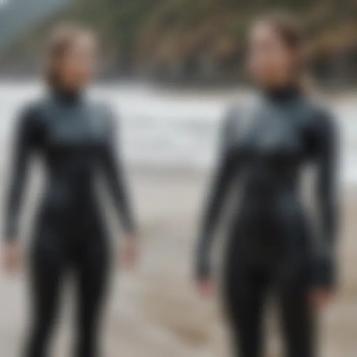 A side-by-side comparison of a new wetsuit and a used wetsuit highlighting differences