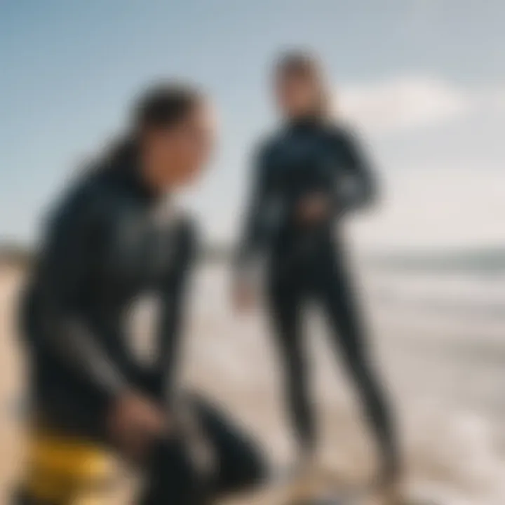 A serene beach scene with kiteboarders using various wetsuits