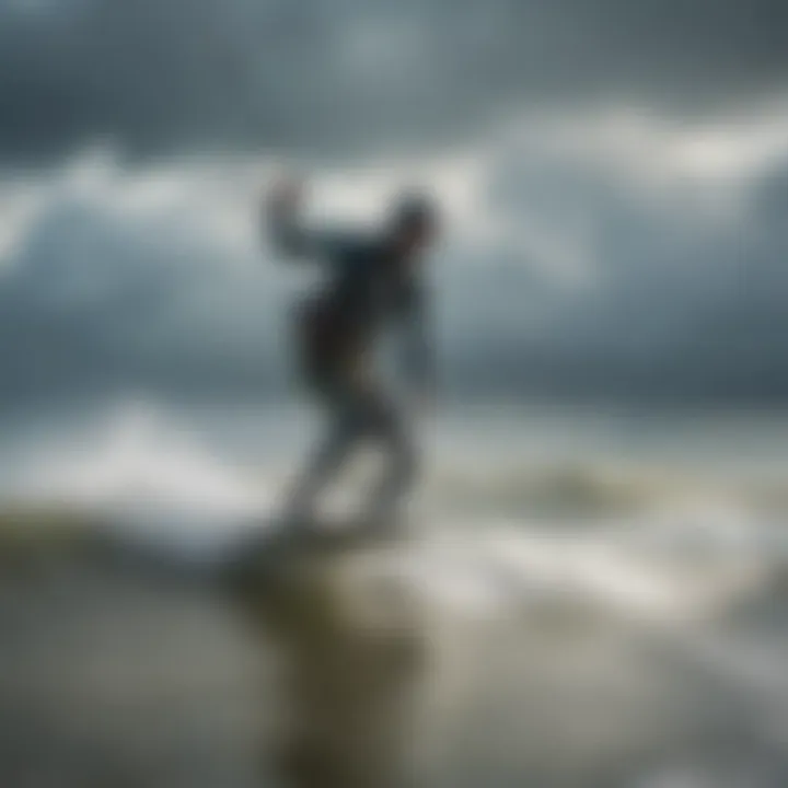 A kiteboarder navigating waves under a dynamic sky, illustrating the connection between weather and kiteboarding.