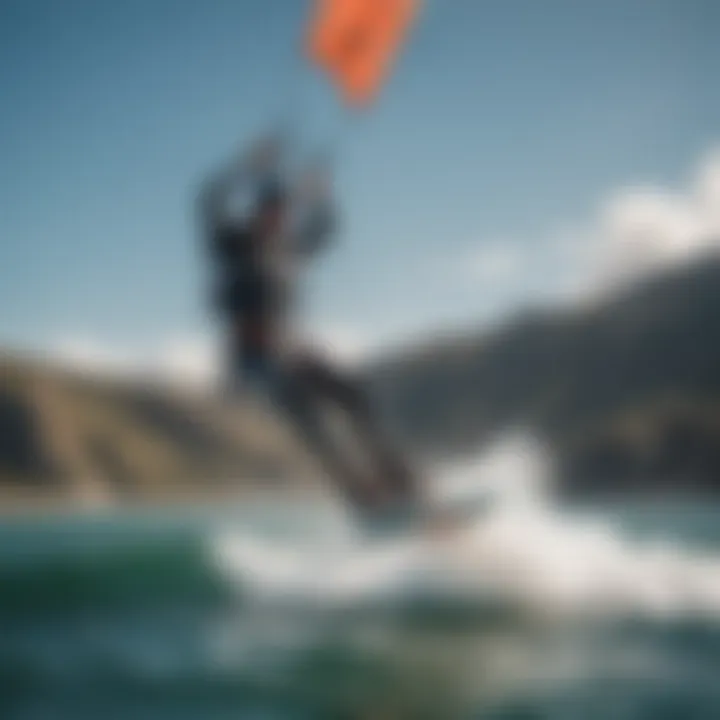 A kiteboarder demonstrating the effectiveness of a gripharness on water.