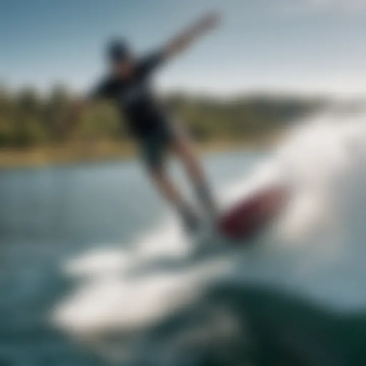 An aerial view of a hydrofoil wakeboarder gliding above the water