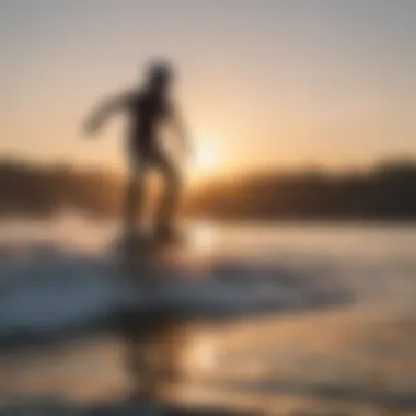 A serene landscape showcasing a hydrofoil wakeboarding session at sunset