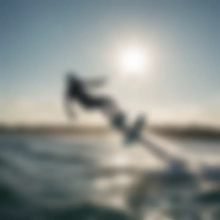 A scenic view of a kiteboarder utilizing a hydrofoil wing in action