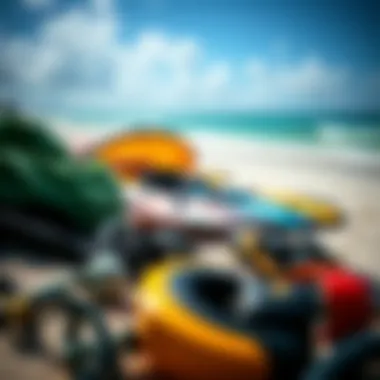 Essential Kitesurfing Gear Close-up of kitesurfing gear laid out on the beach, highlighting essential equipment for enthusiasts