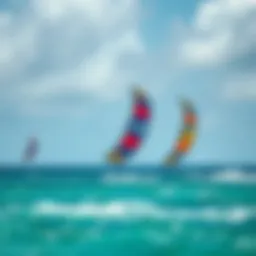 A stunning view of kitesurfing at Key Biscayne, showcasing vibrant kites against the backdrop of the ocean