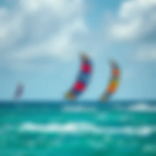 A stunning view of kitesurfing at Key Biscayne, showcasing vibrant kites against the backdrop of the ocean