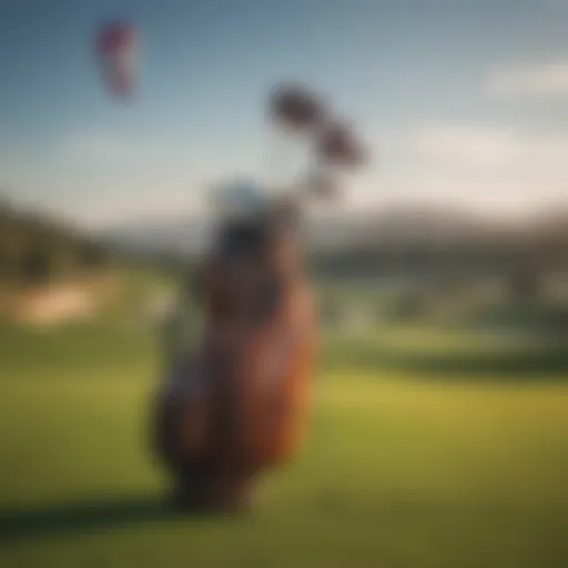 A kite golf bag showcased on a golf course with a backdrop of kites soaring in the sky