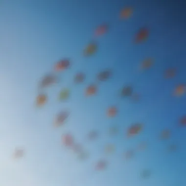 An array of kites in various colors soaring against a clear blue sky