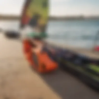 Close-up of kiteboarding equipment with a focus on safety gear