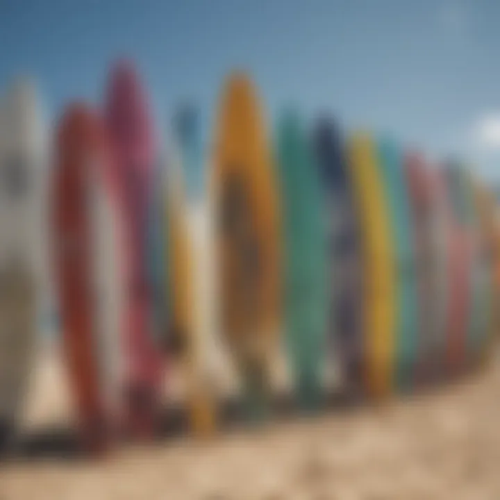 An array of vibrant kite surfboards showcased on a beach