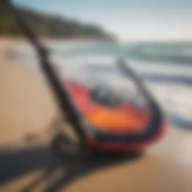 Close-up of essential kite surfing gear on the beach