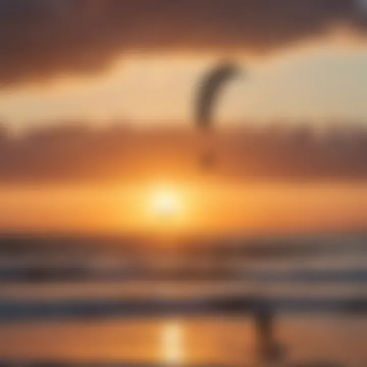 A group of kite surfers enjoying a vibrant sunset