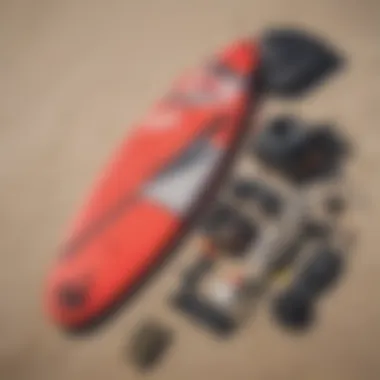 Close-up of essential kiteboarding gear laid out on the beach, emphasizing quality and functionality.