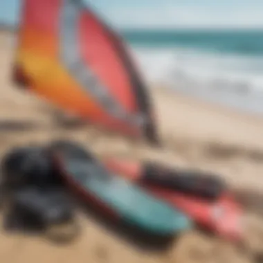 An array of kite surfing gear laid out on the beach