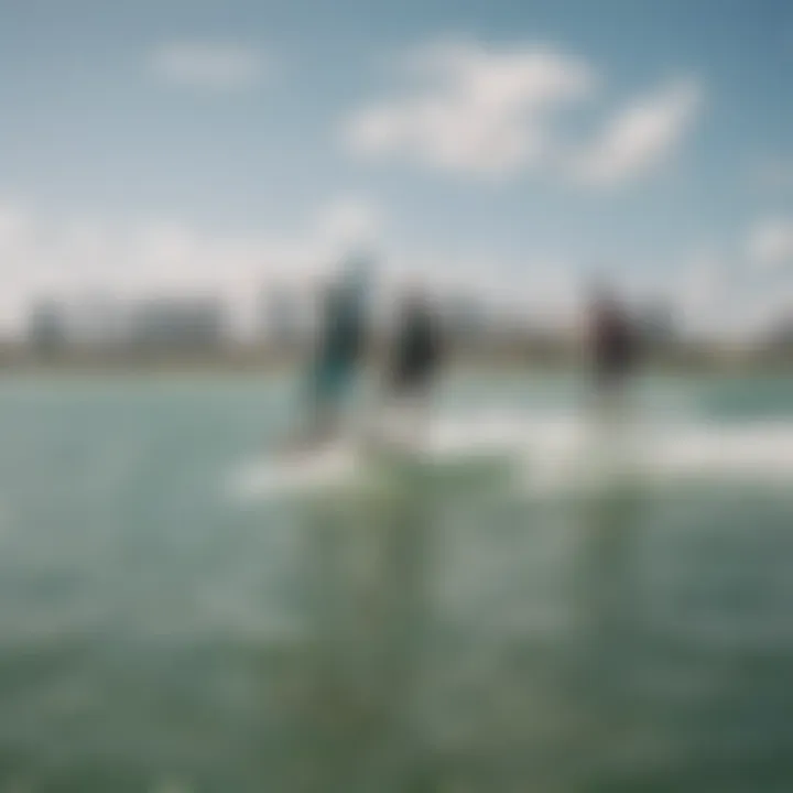 A group of kiteboarders enjoying a sunny day at a popular Miami beach, reflecting local culture and camaraderie.