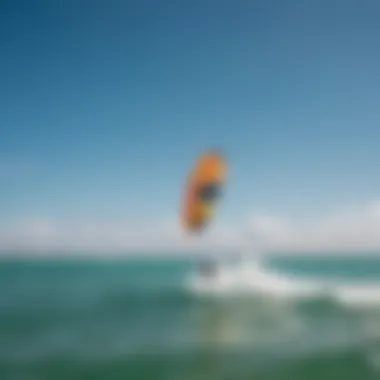 A vibrant kite surfing scene in Miami, showcasing colorful kites against a clear blue sky.