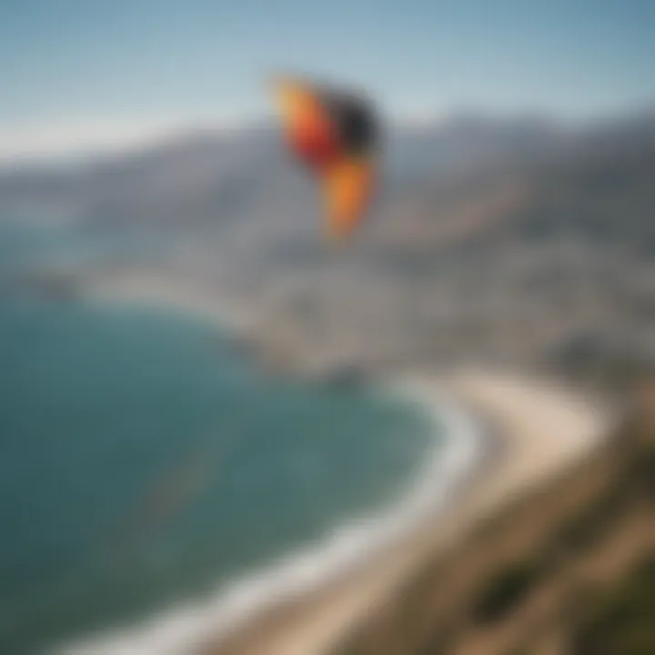 A vibrant kite flying high above the San Francisco coastline