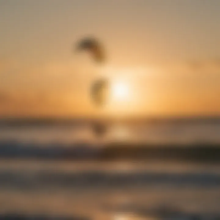 Vibrant kite surf scene against a sunset