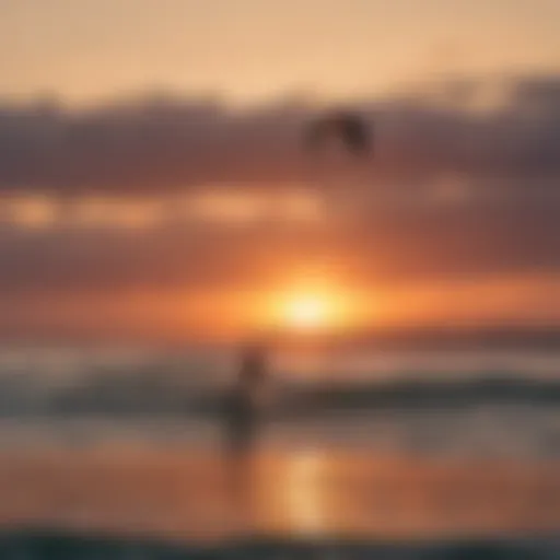 A vibrant sunset over the ocean with kite surfers in action