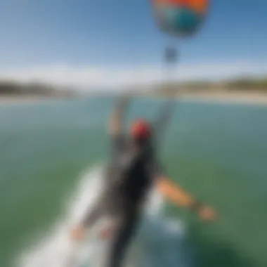 A kiteboarder capturing footage with a GoPro mounted on the kite line