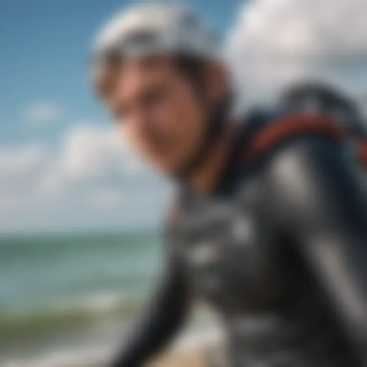 A close-up of a kiteboarder checking wind conditions before heading out