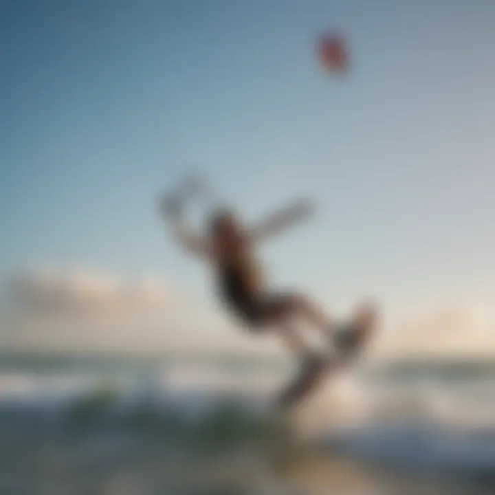 Kiteboarder performing tricks against a backdrop of ocean waves