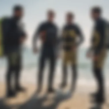 Kiteboarders Sharing Insights on Safety Innovations Group of kiteboarders discussing safety gear innovations