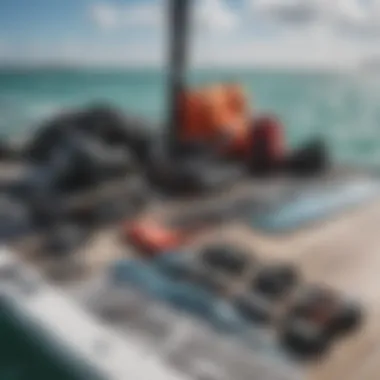 An array of essential kiteboarding gear laid out on a catamaran deck, showcasing the equipment.