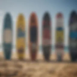 A detailed view of various kiteboards showcasing their designs and features.