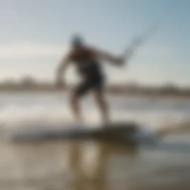 Kiteboarder navigating waves during high tide