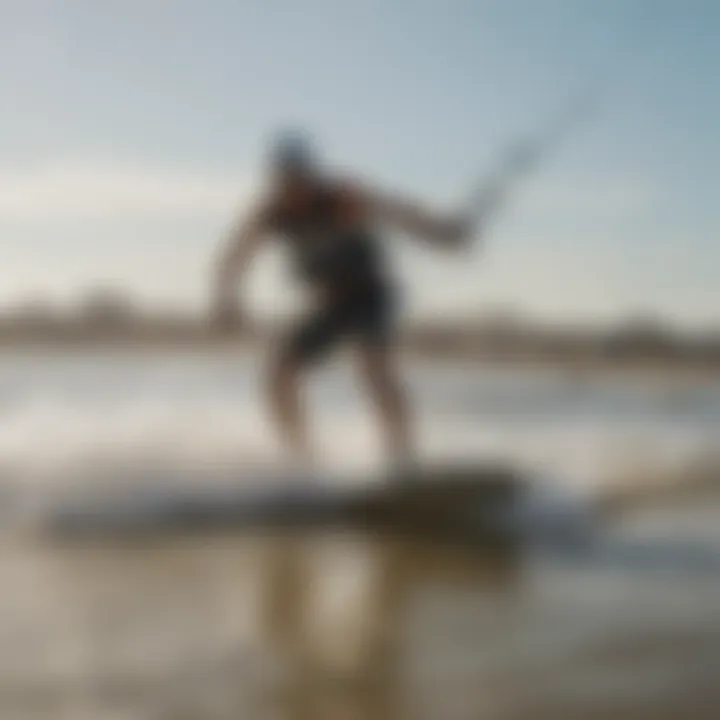 Kiteboarder navigating waves during high tide