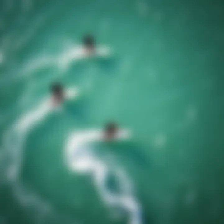 An aerial shot of kiteboarding with hydro foil boards on clear waters, highlighting the dynamic movement of the sport