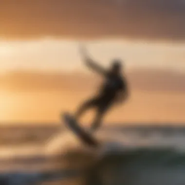 Kiteboarder riding powerful waves at Lake Erie during sunset