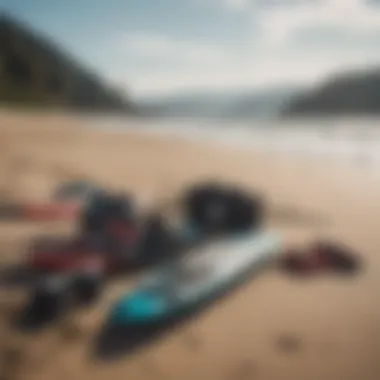 Essential kiteboarding gear laid out on the sandy beach