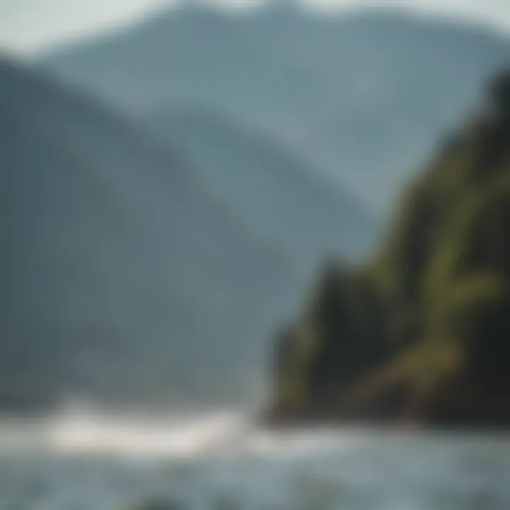 A scenic view of Hood River with kiteboarders riding the waves