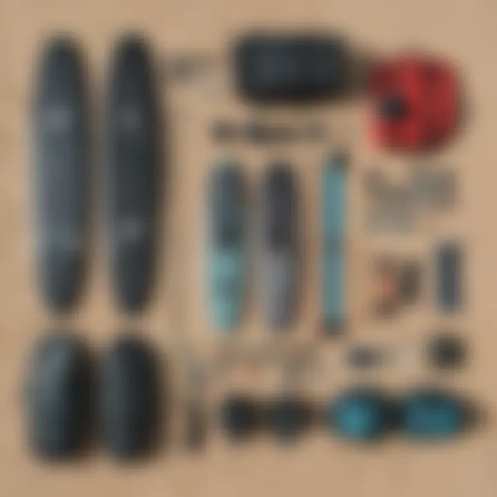 Close-up of kiteboarding gear laid out for use