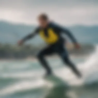 An athlete wearing a shorty wetsuit while kiteboarding in dynamic water conditions