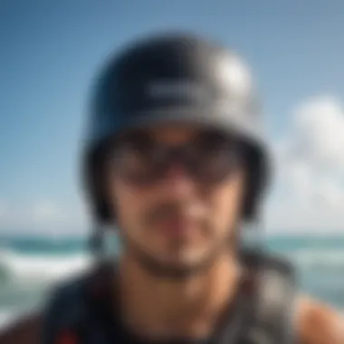 Close-up of a kitesurfer wearing a protective hat