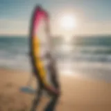 A vibrant kitesurfing setup on the beach showcasing various equipment.