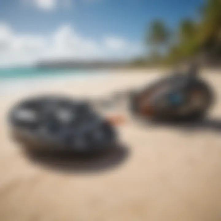 Close-up of kitesurfing gear laid out on a beach with Aruba's landscape in the background