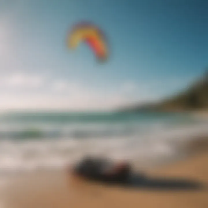 A vibrant kitesurfing setup on a picturesque beach