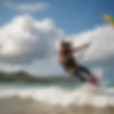 A picturesque kitesurfing scene on the vibrant coast of Costa Rica with colorful kites soaring in the sky